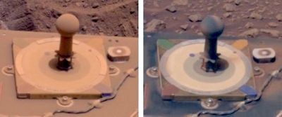 Staubablagerungen auf den Farbschablonen beider Rover im März 2005