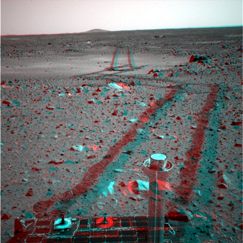 Blick zur&uuml;ck in 3D auf den Landeplatz von Spirit