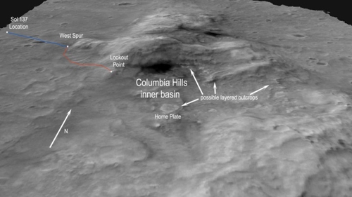 Blick von S&uuml;den auf die Columbia Hills mit Wegstrecke von Spirit