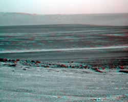 3D-Blick rechts an Odyssey vorbei auf die Weite im Endeavour Krater